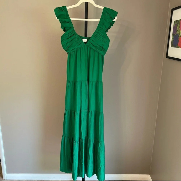 Jason Wu Ruched Ruffle V Neck Linen Maxi Dress Kelly Green Small NWT Feminine